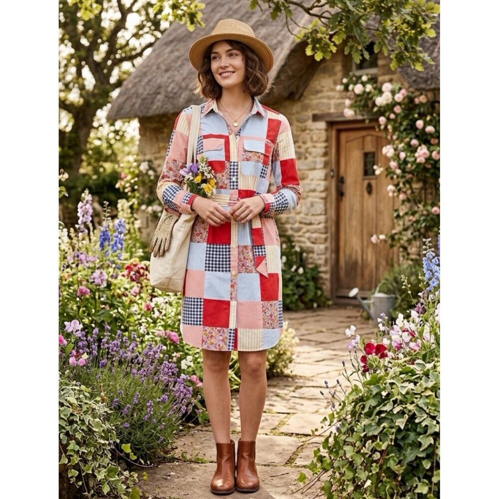 Lands End Patchwork Shirt Dress Sz L Cotton Poplin Cottage Core Floral Preppy